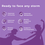 An Image with the title "Benefits worth melting for." for Melts® into Multivitamins, followed by a list of six benefits with accompanying icons: Improves Immunity, Improves Memory, Powers Growth, Improves Metabolism, Boosts Cognitive Health and Supports Development. In the background, a silhouette of Disney Frozen’s Elsa & Anna is present.