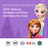 Promotional image for Melts® featuring Elsa & Anna from Disney’s Frozen. The text emphasizes it's "100% Natural" and "Globally Certified." Various certification logos, including Health Canada and Halal, are shown at the bottom.