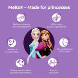 An informational image titled “Melts® - Made for princesses!”, listing the characteristics of Melts® Strips, such as easy to consume, 100% plant based ingredients, and faster results.