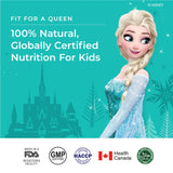 Promotional image for Melts® featuring Elsa from Disney’s Frozen. The text emphasizes it's "100% Natural" and "Globally Certified." Various certification logos, including Health Canada and Halal, are shown at the bottom.