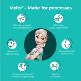 An informational image titled “Melts® - Made for princesses!”, listing the characteristics of Melts® Strips, such as easy to consume, 100% plant based ingredients, and faster results.