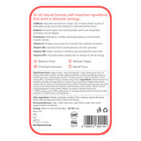 The back of the Melts® into Instant Energy packaging, containing more information about the product. Information includes the ingredients like caffeine, Vitamin E and various other Vitamins, and benefits like fatigue reduction and enhanced endurance.