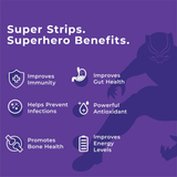 An Image with the title "Super Strips. Superhero Benefits." for Melts® into Advanced Immunity followed by a list of six benefits with accompanying icons: Improves Immunity, Helps Prevent Infections, Promotes Bone Health, Improves Gut Health, Powerful Antioxidant, Improves Energy Levels. In the background, a silhouette of the Marvel hero Black Panther is present.