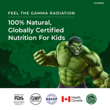 Promotional image for Melts® featuring Hulk from Marvel Comics. The text emphasizes it's "100% Natural" and "Globally Certified." Various certification logos, including Health Canada and Halal, are shown at the bottom.
