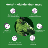 An informational image titled “Melts® - Mightier than most!”, listing the characteristics of Melts® Strips, such as easy to consume, 100% plant based ingredients, and faster results.