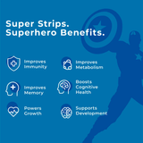 An Image with the title "Super Strips. Superhero Benefits." for Melts® into Multivitamins followed by a list of six benefits with accompanying icons: Improves Immunity, Improves Metabolism, Improves Memory, Boosts Cognitive Health, Powers Growth and Supports Development. In the background, a silhouette of the Marvel hero Captain America is present.