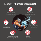 An informational image titled “Melts® - Mightier than most!”, listing the characteristics of Melts® Strips, such as easy to consume, 100% plant based ingredients, and faster results.